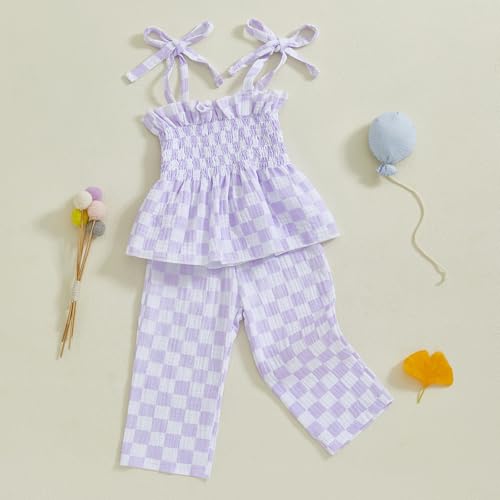 Image of Thorn Tree Toddler Girl Clothes Plaid Printed Sleeveless Pleated Camisole Linen Pants Set Baby Summer Outfits