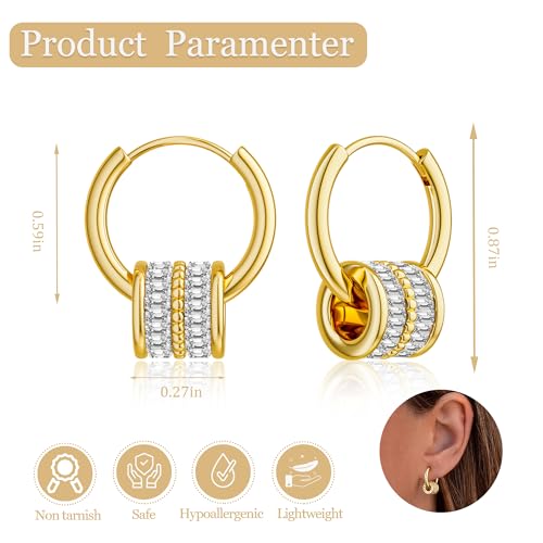 CHESKY Small Gold Earrings - Dainty Huggie Earrings for Women Hypoallergenic Cubic Zirconia Drop Hoop Minimalist Cylinder Dangle Earrings Everyday Jewelry