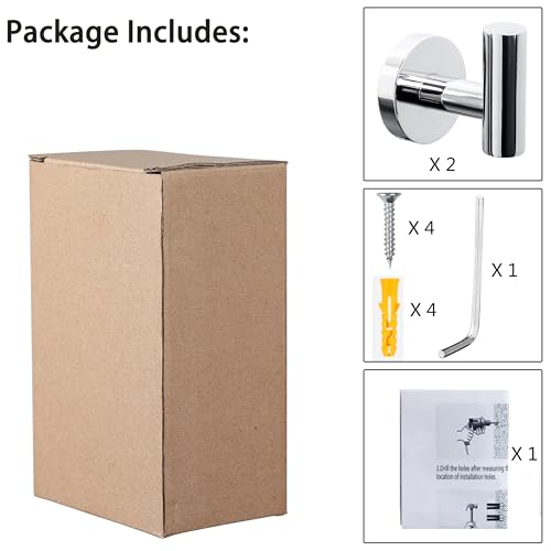 Image of Towel Hooks for Bathroom 2 Packs Screw- in Chrome Finish Wall Mount Towel Holder Towel Rack, Heavy Duty Robe Coat Loofah Hooks for Shower, Kitchen,Hotel, Pool Tile, Brick Modern Style Decor Wall Hooks