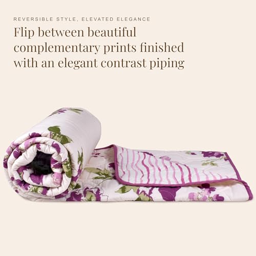 Image of HUESLAND Reversible AC Quilt Blanket Single Bed | 100% Cotton Quilted Shell, Super Soft 120 GSM Microfibre Wadding | Lightweight Comforter for All Weather Use | 55 x 88 inches, Floral Fusion
