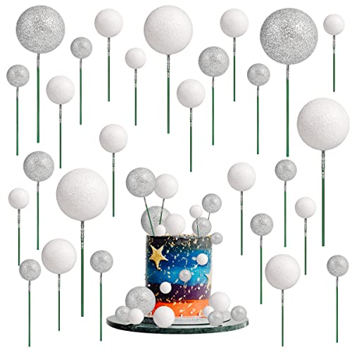66pcs Balloon Cake Topper, Glitter Foam Ball Cake Toppers Mini Balloon Cupcake Toppers Round DIY Cake Picks Insert Topper Baking Cake Decoration for Birthday Wedding Baby Shower Decor (Silver&White)