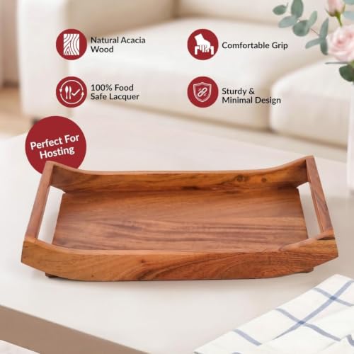 Image of Nestasia Wooden Serving Tray with Handles (30x20cm) - Acacia Wood Rectangular Brown Tray for Dining & Coffee Table | Platter for Serving Tea, Cakes, Snacks, Breakfast & Home Decor (Caramel Brown)