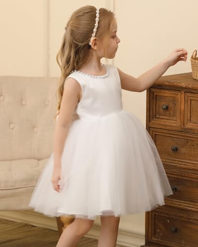 Satin Tulle Flower Girl Dress for Wedding Pearls Bow Knot Birthday Communion Pageant Prom Ball Gown4