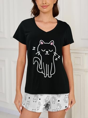 Image of VENTELAN Pajama Set For Women Cute PJS Summer Short Sleeve Shorts Sleepwear