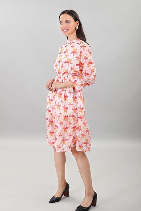 Image of A-Line Floral Printed Fit & Flared Western Brown Dress for Women | One Piece Midi Dress for Women Stylish Western Printed Dresses