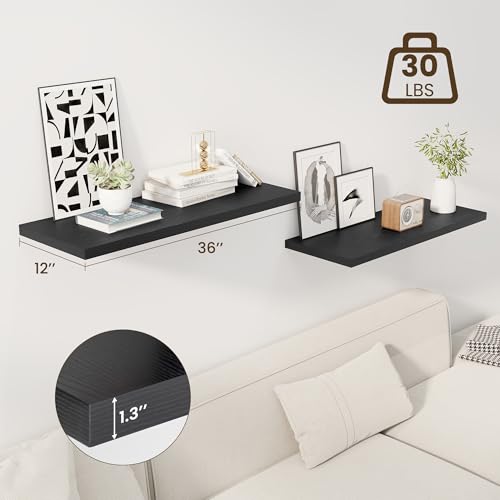 Image of Dreamland 36 inch Floating Shelves for Wall, 12 inch Deep Slim Black Floating Shelves, Wall-Mounted Shelves for Bedroom, Living Room, Kitchen, Bathroom - Set of 2