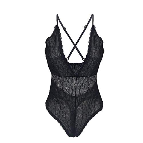 Lingerie sexy évider noire avec dos nu | Robe en dentelle transparente taille M