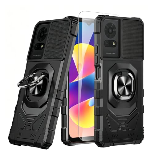 for TCL 50 LE / TCL K24 / TCL K23 Case with 1 Pack Screen Protector Dual Layer Hybrid Heavy Duty Defender Protection Sleek Rugged Reinforced Cushion Corner Kickstand Shockproof Bumper Cover Black