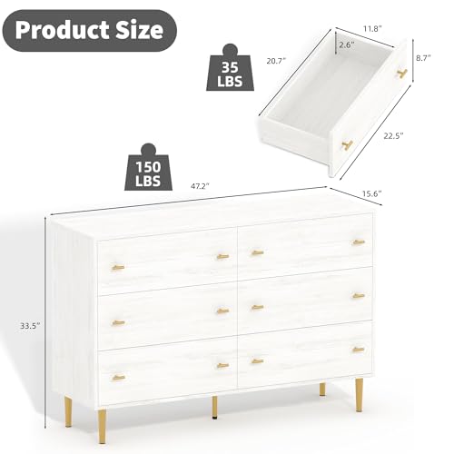 Farmhouse 6 Drawers Dresser for Bedroom, 47.2" Wide White Dresser Wood Rustic Chest of Drawers with Large Drawers & Bar Handles,Natural Texture,Drawer Organizer for Living Room,Hallway and Entryway