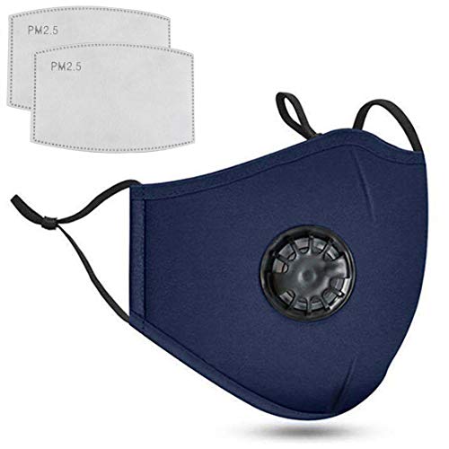 Men Women Dust-proof Full Face Protection Masks Washable Reusable Cotton with Breathing Valve Filter for Outdoor Protection Navy