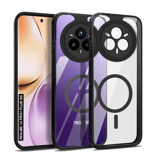 Image of AESTMO Realme 14 Pro Plus 5G Back Cover | 360 Protection | Crystal Clear Hard Back Transparent | Compatible with MagSafe Accessories for Realme 14 Pro Plus 5G (PC+TPU, Black Bumper)
