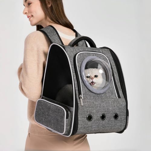 Katzenrucksack Haustier Rucksack belüftet mit Sicherheitsleine & Raumkapsel-Design - Leicht faltbar für Reisen, Outdoor & Tierarztbesuche bis 6kg (Grau)