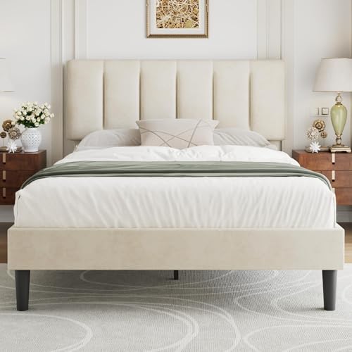 VECELO 4FT6 Double Bed Frame Upholstered Platform with Adjustable Headboard Velvet Fabric Sturdy Wooden Slat Support No Box Spring Needed Easy Assembly Beige