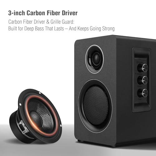 Image of Computer Speakers for Desktop PC, Active Bookshelf Speaker with 3 inch Carbon Fiber Woofer and Silk Film Tweeter, Supports Bluetooth 5.3, USB-C, AUX /RCA Input for Record Player TV - Black Stereo Set