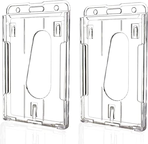 Odluzy Clear Vertical Hard Plastic ID Card Holder Hard Plastic Badge Holder with Easy Access Thumb Slot & Chain Holes ID Credit Card Protector Pack of 2