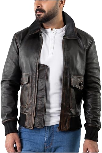 SHOP OF JACKETS LIMITED Chaqueta bomber de piel auténtica para hombre, con cuello de aviador desmontable, chaqueta de cuero desgastado para hombre, Negro, L