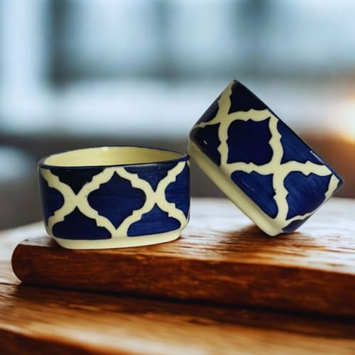 Image of Yourowndcor Ceramic Handcrafted Bliss Dip Bowl |Blue & White |Set of 2 |Stoneware Snack, Dessert & Dip Bowls for Kitchen & Dining (50 ml Each)