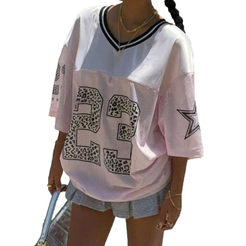 Image of Women's Graphic Football Jersey Shirts Tops Y2k Number Oversized Tees Half Sleeve Sport V Neck Tshirt Streetwear (E-Pink, M)
