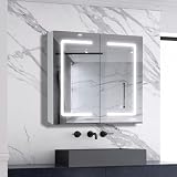Biubiubath LED Spiegelschrank 80x70cm Weiß Matt Touch/Wandschalter Beschlagfrei 3 Lichfarbe Dimmbar...