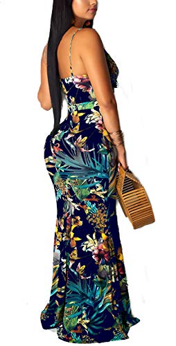 Sexy Floral Maxi Dress for Women Summer Beach Outfits Strappy Sundresses NavyBlue - Thumbnail 2