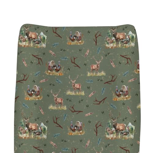 Vintage Hunting Animals Baby Changing Pad Covers for Boys Girls Deer Turkey Hunting Feathers Trees Fitted Changing Table Cover Mats Wildlife Soft Diaper Change Table Sheets for 32''×16'' Contoured Pad