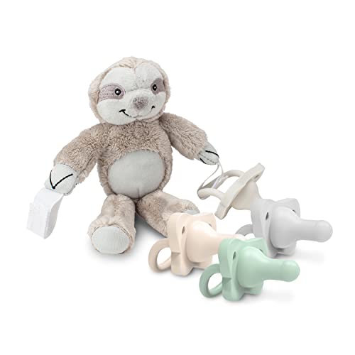Image of Dr. Brown’s HappyPaci 100% Silicone Baby Pacifier 0-6m, BPA Free 4-Pack with Lovey Soft Plush Animal Teether Holder, Sloth