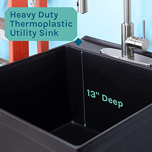 Utility Sink Extra-Deep Laundry Tub In Black With High-Arc Stainless Steel Coil Pull-Down Sprayer Faucet, Integrated Supply Lines, P-Trap Kit, Heavy Duty Floor Mounted Freestanding Wash Station #TOP5