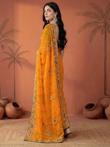 Image of SIRIL Women's Bandhani Printed Embroidery Georgette Saree with Unstitched Blouse Piece