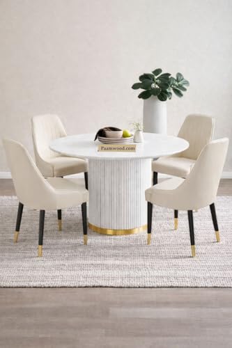 Image of 4 Seater Dining Table Set with 4 Chairs,2yr Warranty - Round Marble Dining Table (91x91x76 cm) - White Marble Top, Solid Wooden Base, Upholstered Chairs with Sheesham Wood Legs - Cream