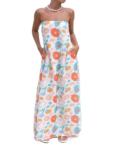 Image of Women Floral Print Maxi Tube Dress Strapless Flowy Long Bandeau Dress Y2K Open Back Sundress Summer Beachwear