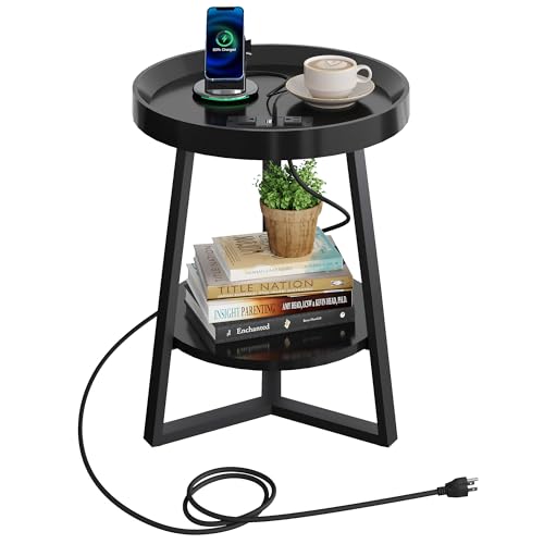 WLIVE Small Round Side Table with Charging Station, Round Coffee Table, 2 Tier End Table for Living Room/Bedroom, Sofa Couch, Easy to Assemble, Wood Tabletop & Metal Frame, Black
