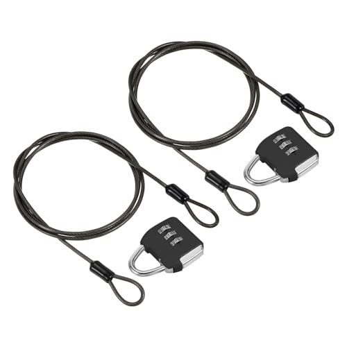 Image of PATIKIL Security Steel Cable with 3 Digit Combination Lock, 2 Set Travel Padlock 3.3Ft Coated Safety Wire Rope Double Loop for Luggage Suitcase, Black