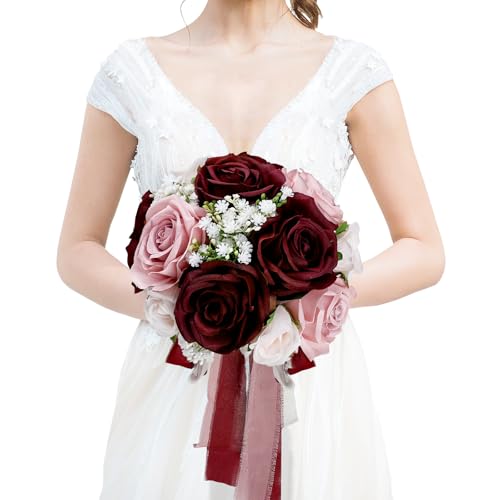 DIYDOFUN Wedding Bouquet for Bride - Premade Simple Artificial Roses