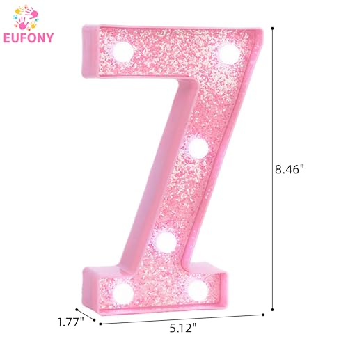 Image of Pink Light Up Marquee Numbers, Glitter LED Number Lights Signs Battery Operated for Girls 7th 17th 27th Pink Birthday Party Table Decorations, 8 Inch Tall Number 7 with Cool White Lights