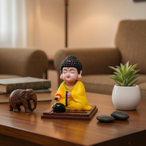 Image of Solar-Powered Moving Head Buddha Statue| Feng Shui Monk Figurine for Positive Energy, Peace & Prosperity | Shaking Head Buddha Idol for Car Dashboard, Home & Office Decor (Yellow)
