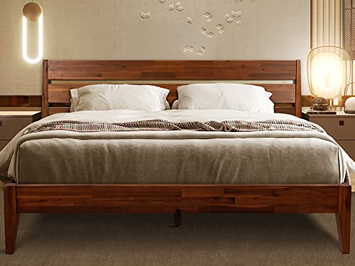 Acacia Emery Bed Frame With Headboard Solid Wood Platform Bed, King Size Bed Frame, Sturdy Natural Wood Bed Compatible With All Mattress Types, No Box Spring Needed, Wood Slats Support, Chocolate #TOP12
