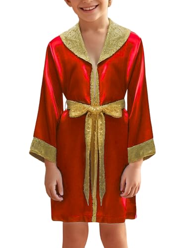 dPois Kids Boys Shiny Sequins Trim Satin Boxer Robe for Halloween Carnival Boxing Match Performance Burgundy 12 Years