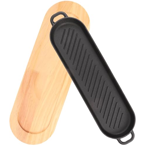 Garneck Plato de Hierro Fundido para Carne con Doble Asa, Base de Madera, Sartén para Freír y Parrilla, Bandeja Alargada Ondulada Adecuado para Cocina Doméstica y Barbacoa