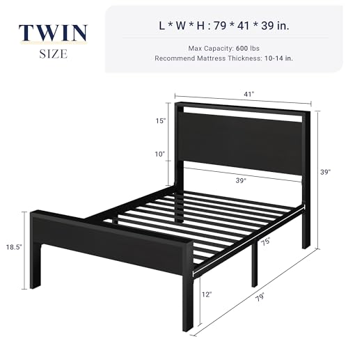 Image of Allewie Twin Size Bed Frame, Heavy Duty 12 Metal Slats Support, Black Oak