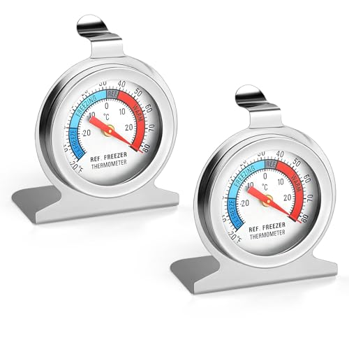 UIHRLM 2PCS Dial Fridge Thermometers, Stainless Steel Refrigerator Freezer Thermometer with Hanging Hook, -20℉～80℉ Stand-Up Classic Measuring Temperature Kitchen Utensils for Cold Storage Units