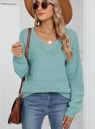 Image of JOCAFIYE Sweaters for Women Casual Long Sleeve V Neck Lightweight Hollow Out Pullover Sweater Tops