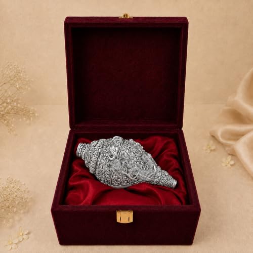 Image of DIVINITI 999 Silver Plated Sacred Ganesha Shankh with Luxury Velvet Gift Box|Antique Silver Finish Decorative Conch Shell for Home Temple, Pooja Room & Spiritual Decor|Auspicious Vastu Gift|14 x 8 cm
