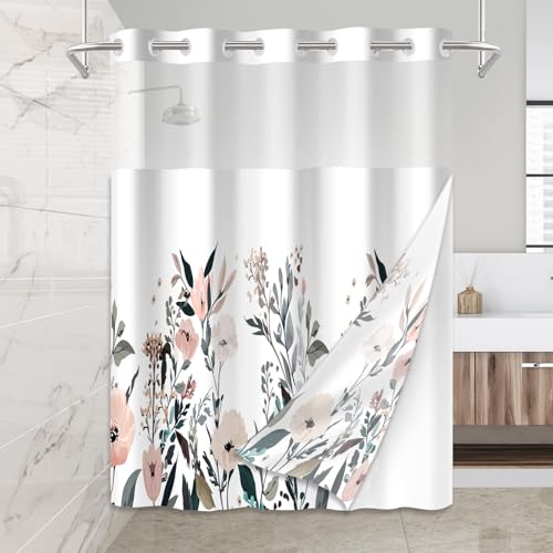 Mightree No Hook Shower Curtain Set with Snap in Fabric Liner for Bathroom,with See Through Top Window,Double Shower Curtain with Detachable Liner Replacement,Machine Washable,Chinese Rose,71"x 74" by Mightree - Used condition - Image 7