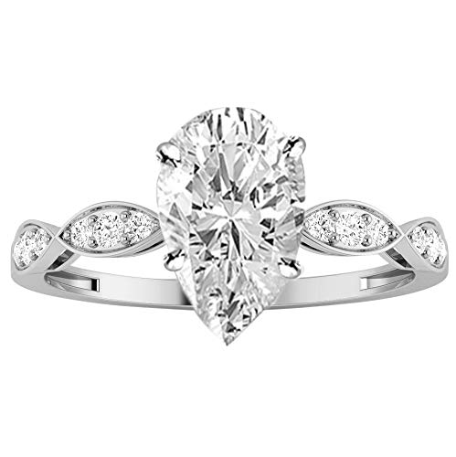 14K White Gold 0.9 Carat LAB GROWN DIAMOND Petite Curving Pear Cut Diamond Engagement Ring (E-F Color VS2-SI1 Clarity 0.75 Ct Center)