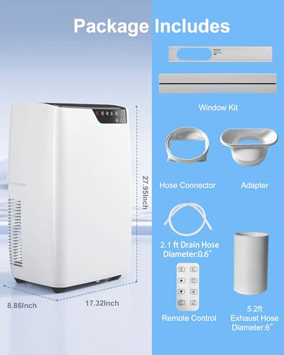 Image of 16,000 BTU Portable Air Conditioners for Rooms Up To 800 Sq.Ft. Portable AC, Dehumidifier, 24H Timer, Sleep Mode & Water level indication, Remote Control & Window Kit, White & Black