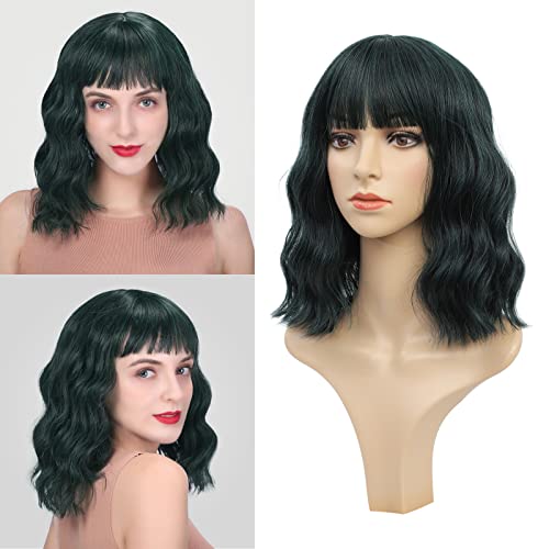 Wigs for Women - Dark Green Wig with Bangs for Women, Short Wavy Bob Wig, Colorful Medium Length Wig, Pastel Colored Cosplay Wig Synthetic Costume Wigs, Halloween Wigs