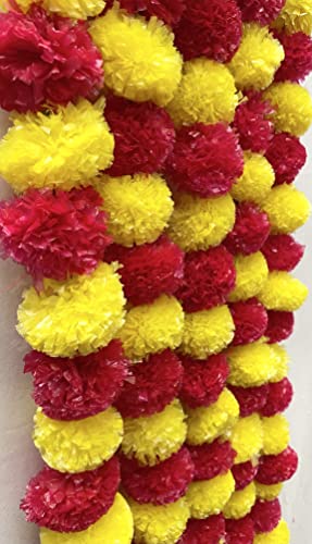 Image of Sphinx Artificial Marigold Fluffy Flowers Garlands for Decoration - (Yellow & Red, 5 Pieces)