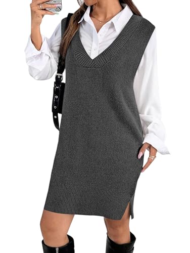 Zeagoo Women's Oversized Sweater Vest Dress V Neck Sleeveless Fall Winter Knitted Solid Short Pullover Sweater Dress, Dark Grey Small