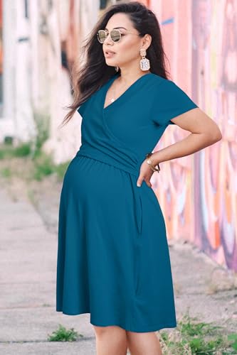 Image of OUGES Maternity Nursing Dress Breastfeeding Short Sleeve V Neck Casual Pregnancy Clothes with Pockets