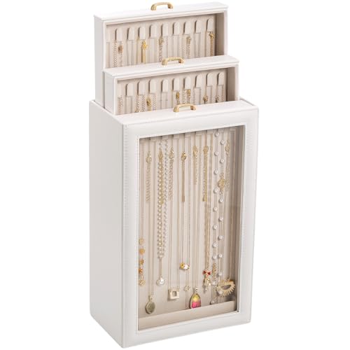 Lolalet Necklace Organizer Box, Jewelry Storage Box with Clear Window for Necklaces Bracelets, Tangle-Free Necklace Display Case for Women Girls -Whit
